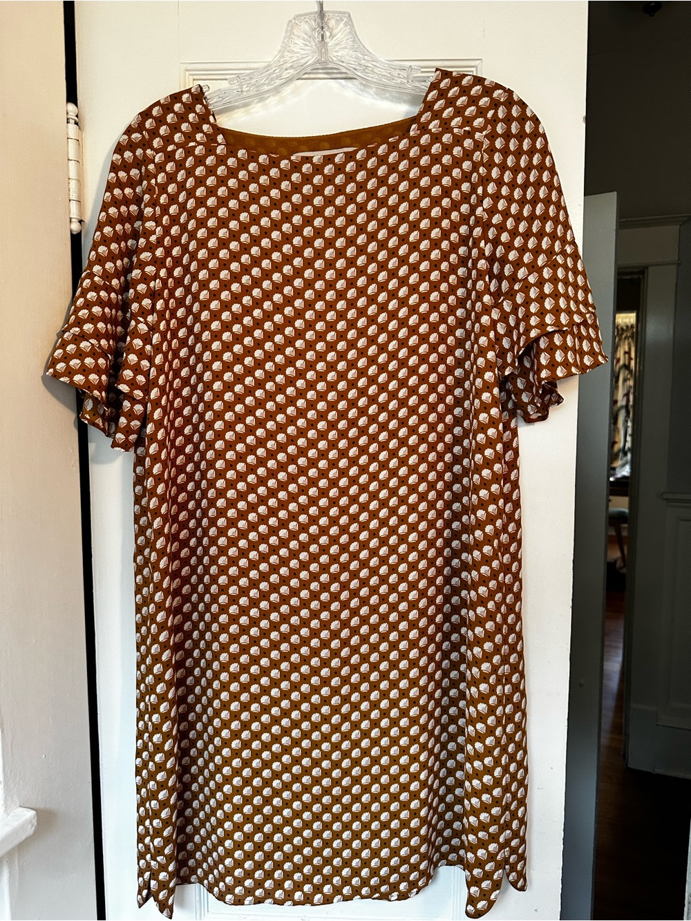 LOFT Small Petite Brown Shift Dress with Cream Floral and Blue Dot Pattern